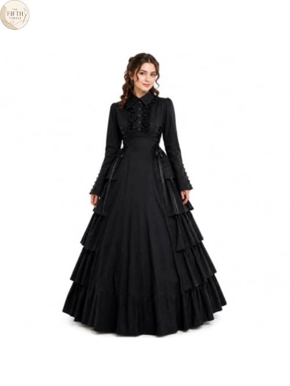 Medieval Victorian Gothic Ball Gown Costume High Neck Flare Sleeve Hoop Skirt